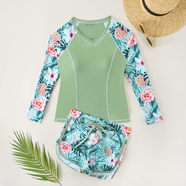Girls Swimsuit 2 Piece Beach Tankini Swimsuit Ruffle Floral Pattern Bathing Suit for Teens 12-13 Years