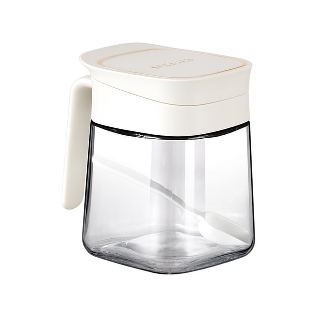 Glass Jar with Lid, a 300ml clear glass condiment spice jar featuring a white PP plastic lid and handle. Includes a matching spoon for easy dispensing. The jar has a transparent design for quick identification of contents, such as sugar, pepper, or spices. Its compact size of 8.2x8.2x10.8cm makes it ideal for kitchen counters, cafes, or restaurants.