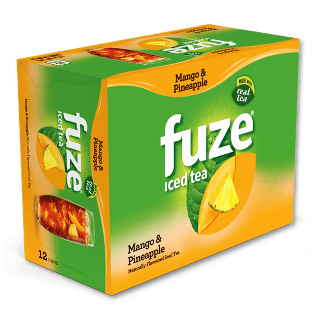 Fuze Iced Tea Mango Pineapple 12-can carton with green and orange packaging featuring mango and pineapple slices, made with real tea and all-natural flavours in lightly sweetened iced tea, often used as a refreshing drink for hydration.