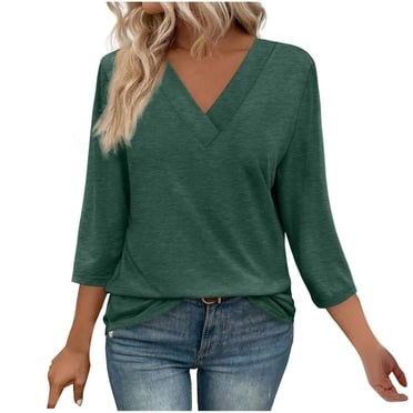 Kaemgyyd Summer Tops for Women Soft Solid Color V Neck Basic Tees Loose 3/4 Sleeve Work Business Casual T-Shirts
