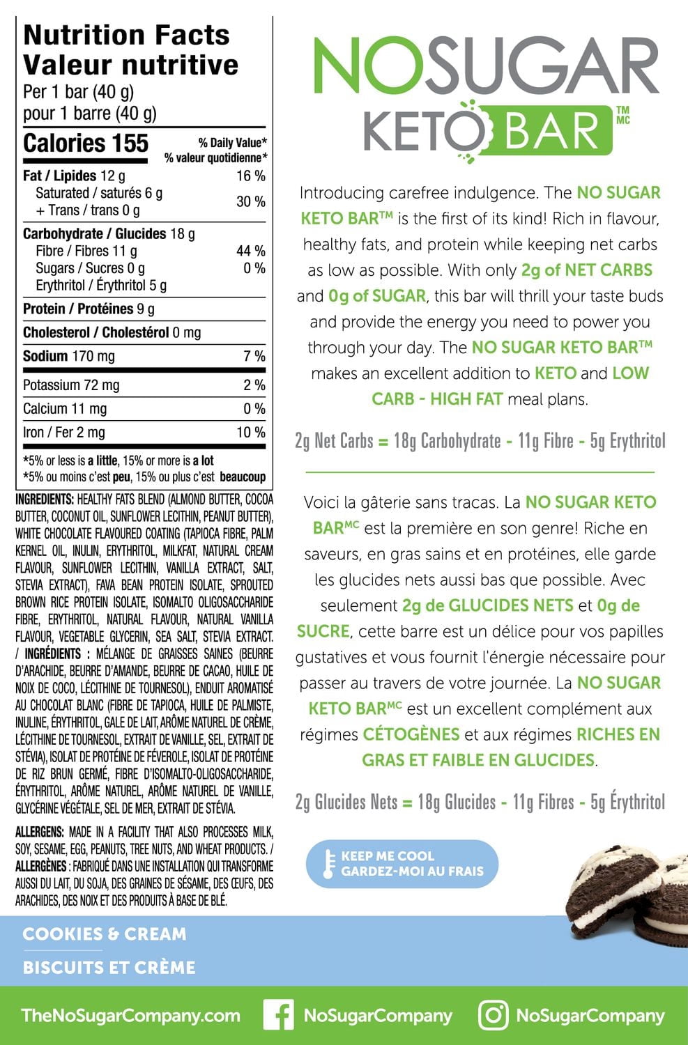 No Sugar Barre Céto Biscuits et crème, Paquet de 4