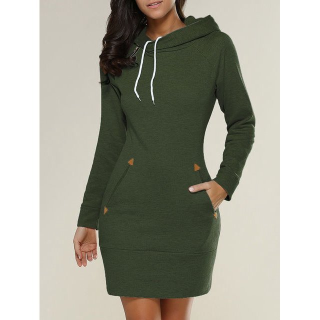 Spring Autumn Hooded Drawstring Women‘s Sweatshirt Dress Fashion Solid Pocket Package Hip Ladies Mini Dresses Plus Size