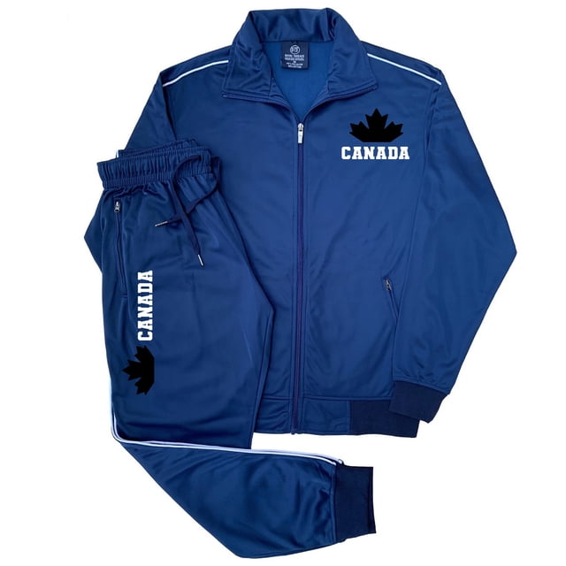 Men's Canada Print Designer Heritage Tracksuit by Royal Threads, featuring a full zip-up track jacket with a stand collar and two zippered side pockets, paired with trimmed jogger track pants with two zippered side pockets. Both pieces showcase a Canada print with a maple leaf design. The tracksuit is made from comfortable track material, ideal for spring and fall weather, and is displayed in a deep blue colour.