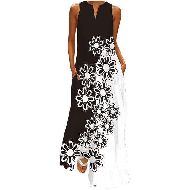 UPPADA Robes d'Été pour Femmes Décontractées Plage Plage Robe de Mariage, Femmes Robes Maxi Bohèmes Fluides à Fleurs Sans Manches Robes Soleil Col en V Vestidos de Verano Para Mujer Vestidos Cortos de Mujer