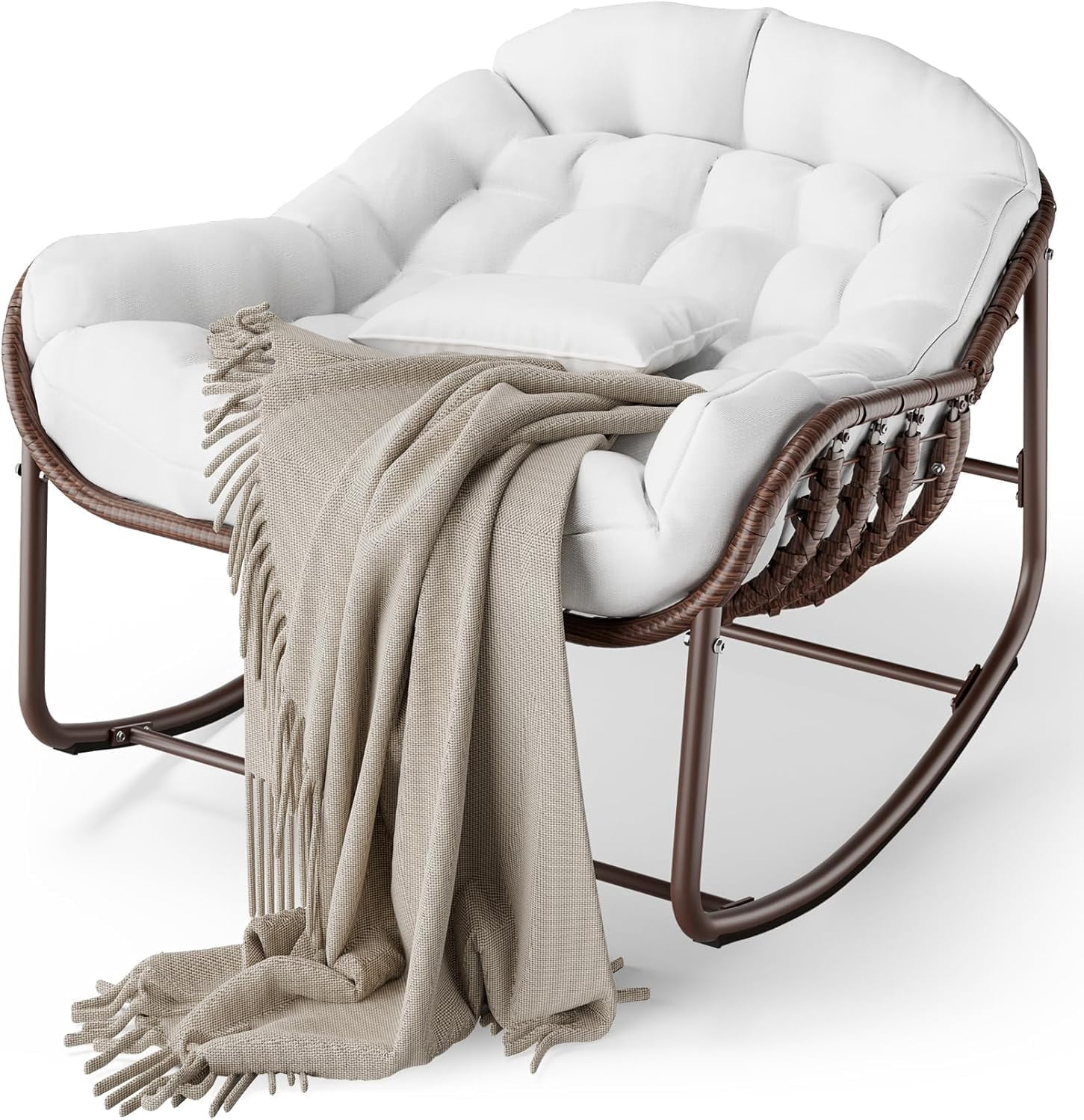 Outdoor Rocking Chair - Oversized White Wicker Egg Chair, 450lb Capacity for Patio/Balcony | Water-Resistant Cushion & Metal Frame