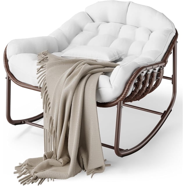 Outdoor Rocking Chair - Oversized White Wicker Egg Chair, 450lb Capacity for Patio/Balcony | Water-Resistant Cushion & Metal Frame