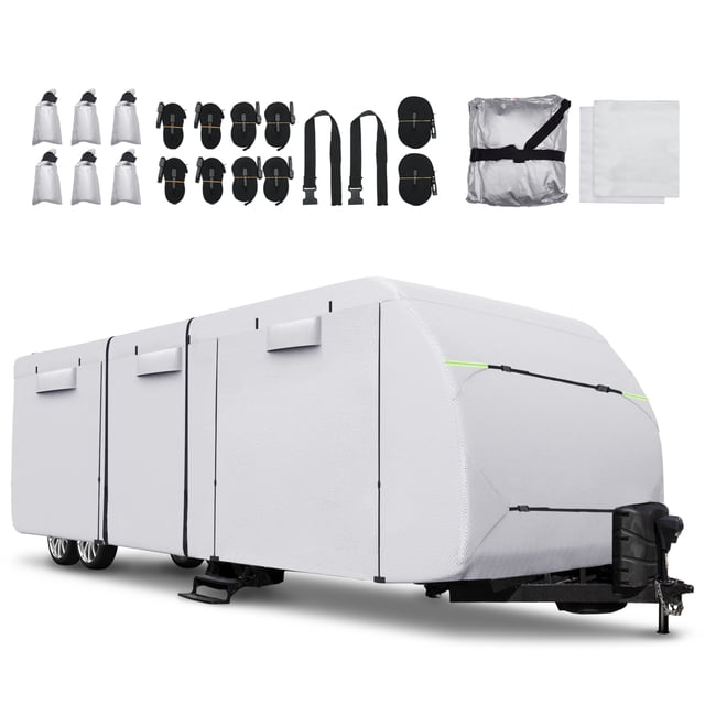 Unique Bargains 1 Set Waterproof RV Trailer Cover Fits 18'-20' with Extra Windproof Ropes and Gutter Covers Silver Tone