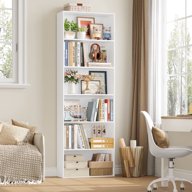 Homfa 6 Tier Tall Bookshelf and Bookcase, Wooden Bookcase Display Shelf for Living Room Home Office Library Storage, White