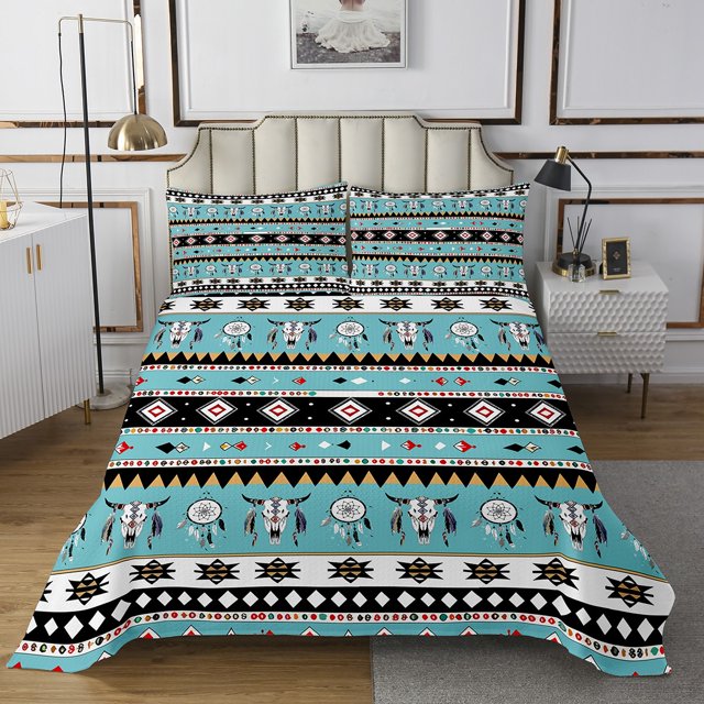 Longhorn Skull Quilt Set Geometric Aztec Bedspread Set King,Dream Catchers Coverlet Set Southwestern Quilted,Geometry Diamond Triangle Western Decor for Home