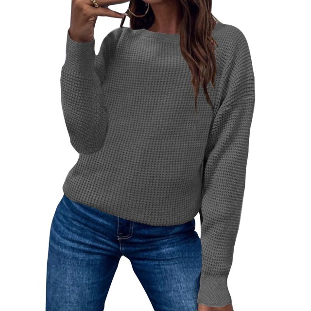 LUXUR Chandails Tricotés Unis pour Femmes Col Rond Ample Pull Chaud d'Hiver Tricot Gaufré Gris L