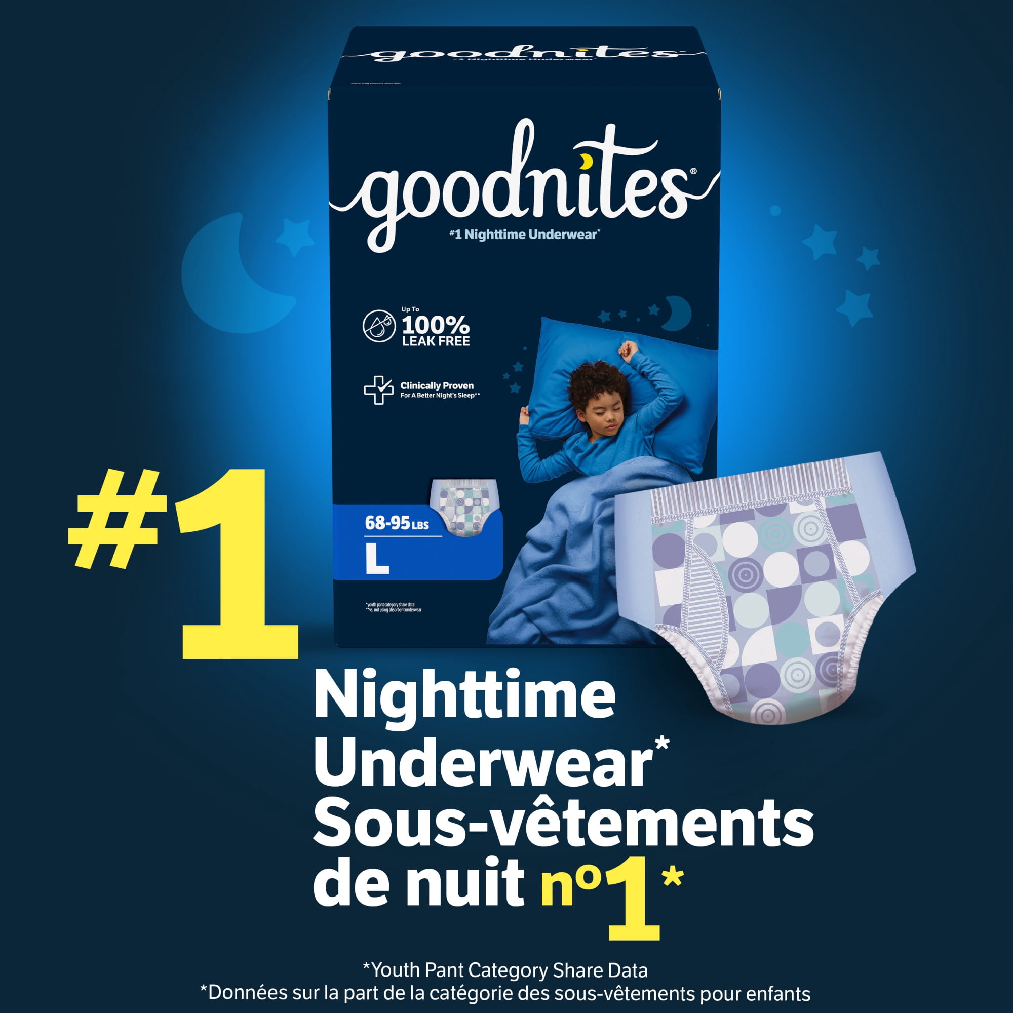 Sous-vêtements de nuit Goodnites pour garçons, taille P/M (31 à 43 kg [68 à 95 lb]), 34 sous-vêtements