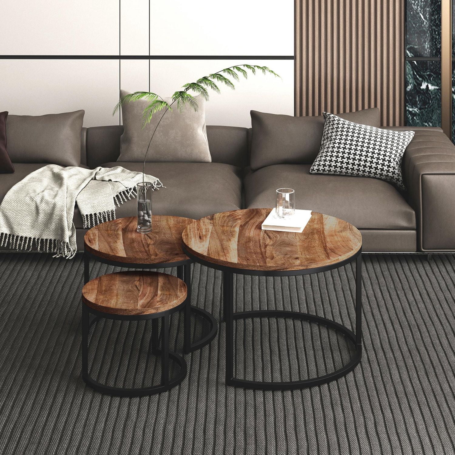 Ensemble de tables de salon rustiques modernes en bois massif et en fer, ensemble de 3 – naturel et noir