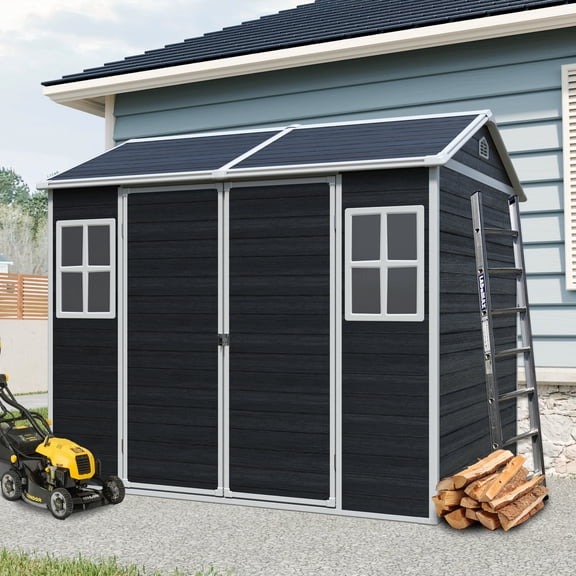 MMGW Remise de Rangement Extérieure en Résine, 8 x 6 Pi, Étanche, avec Plancher, Deux Fenêtres, Porte Verrouillable, Remise à Outils, Jardin, Patio, Cour Arrière, Noir