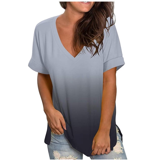 Mode Décontractée pour Femmes T-shirt Dégradé Col en V Manches Courtes Ample