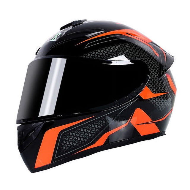 Motorcycle Helmet cool Modular Moto Helmet with inner sun visor, designed for racing and motorcycle protective gear. Features a black anti-fog double lens and durable ABS material construction. The helmet showcases a sleek black design with bold orange accents and a modular full-face style. Suitable for male and female riders, available in sizes M to XXXL, and certified to 3C standards. Lightweight design minimizes fatigue during long rides, while the sunshade lens adapts to varying light conditions.