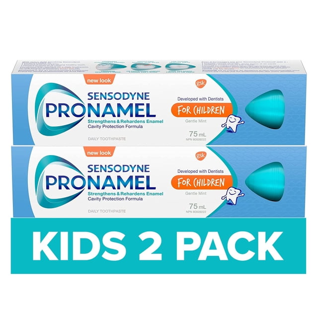 SENSODYNE PRONAMEL for Children toothpaste 2-pack with 75 mL tubes in white and blue packaging, featuring gentle mint flavour and a formula that strengthens and re-hardens enamel to protect kids' teeth from acid erosion and cavities, suitable for children aged 6-13.