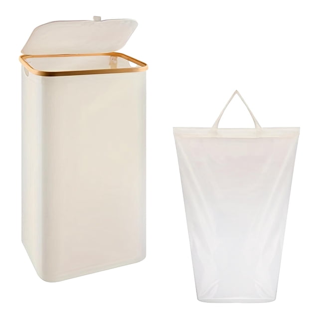 Clothes Hamper Large Laundry Basket Foldable Inner Bag Tall Portable Storage Basket Bins Laundry Hamper for Living Room Dorm Beige. The image shows a tall, beige laundry hamper made of durable Oxford cloth with a freestanding structure and a hinged lid. It includes a removable inner bag with handles for easy transport. The hamper measures 74cm x 41cm x 33cm (29.13in x 16.14in x 12.99in) and is water-resistant, suitable for organizing laundry, toys, or household items in various spaces like bedrooms, dorms, or bathrooms.