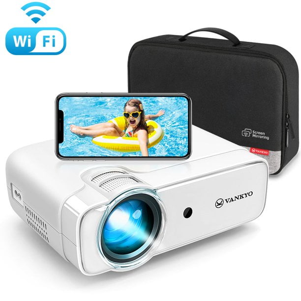 Bundle featuring the Vankyo Leisure 430W Wi-Fi Mini Movie Projector and an extra speaker. The white projector supports Full HD 1080P resolution with a native 720P display and a maximum projection size of 236 inches. It includes Wi-Fi screen mirroring for iOS, Android, and Windows devices, and is compatible with various devices such as TV sticks, smartphones, laptops, and gaming consoles. The bundle also includes a black carrying case for portability and storage.