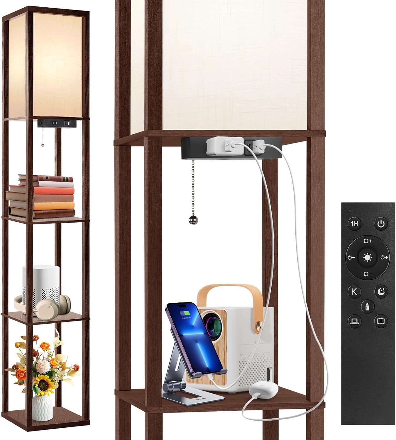 Floor Lamp with Shelves LED Modern Shelf Floor Lamp with USB Ports Power Outlet Color Temperature Storage Display Wood Column Standing Tall Lamp for Living Room Bedroom Off
