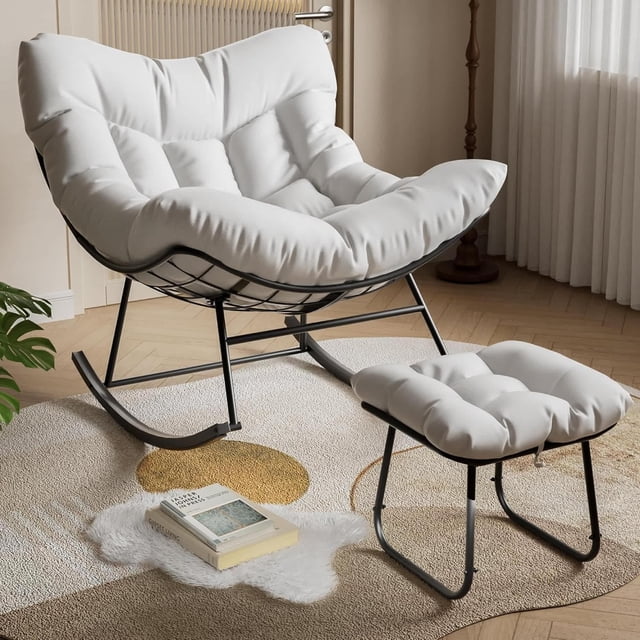 Bingirl White Outdoor Rattan Egg-Shaped Rocking Chair with Footstool