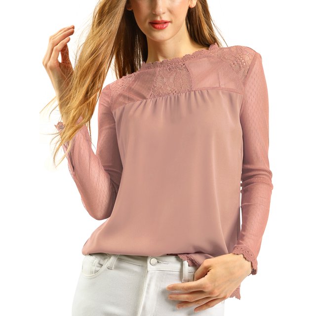 INSPIRE CHIC Blouses Décontractées pour Femmes à Col Rond en Dentelle Florale à Manches Longues en Chiffon Hauts TP Rose Foncé