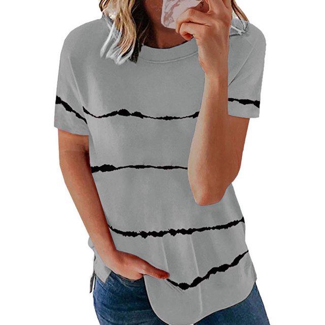 Pxiakgy T-Shirts pour Femmes Mode T-shirt Ample à Manches Courtes Col Rond Imprimé Rayé Hauts T-Shirts Femmes Gris + 3TG