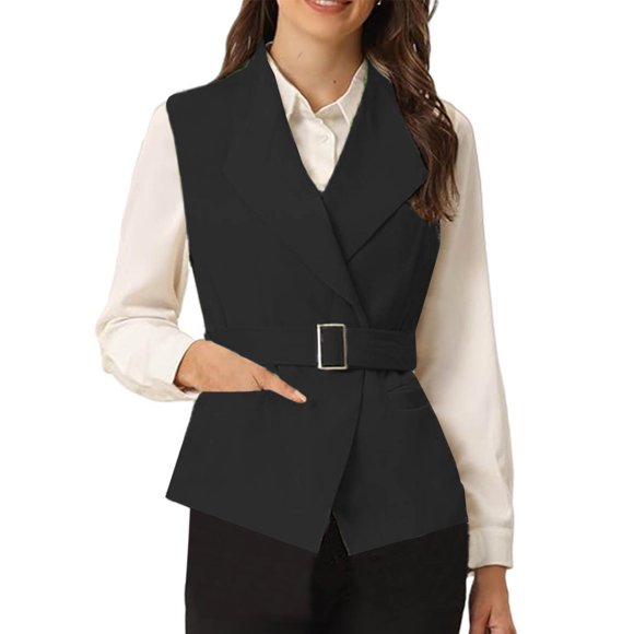 Mevxay Womens Suit Vests Casual Dressy Lapel Sleeveless Jactet Lightweight Business Office Waistcoat Black M
