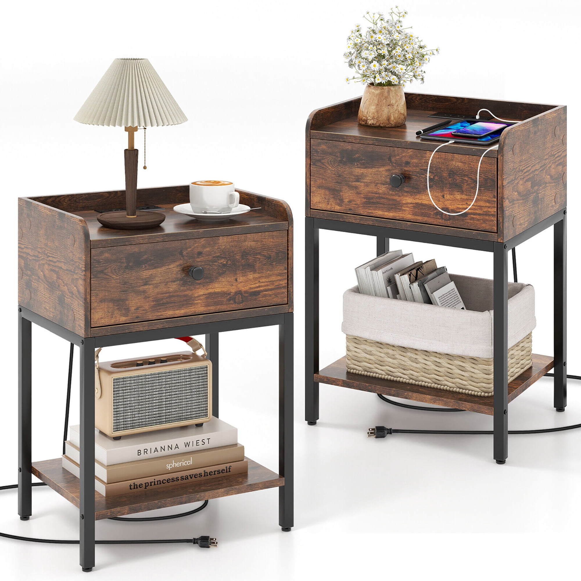 Gymax 2 PCS Nightstand Side End Table w/ Charging Station Drawer Open Shelf