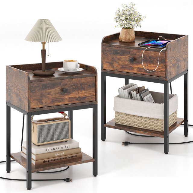 Gymax 2 PCS Nightstand Side End Table w/ Charging Station Drawer Open Shelf