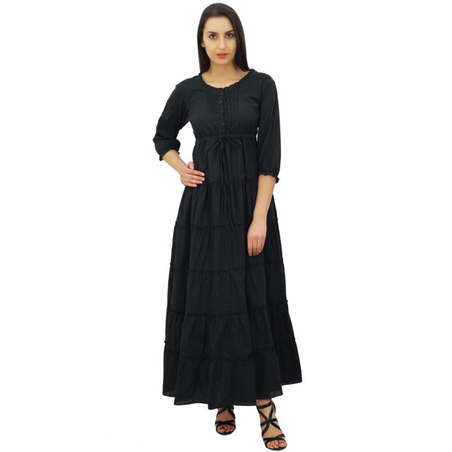 Bimba Robe Maxi d'Été en Coton à Manches 3/4 pour Femme, Taille à Cordon