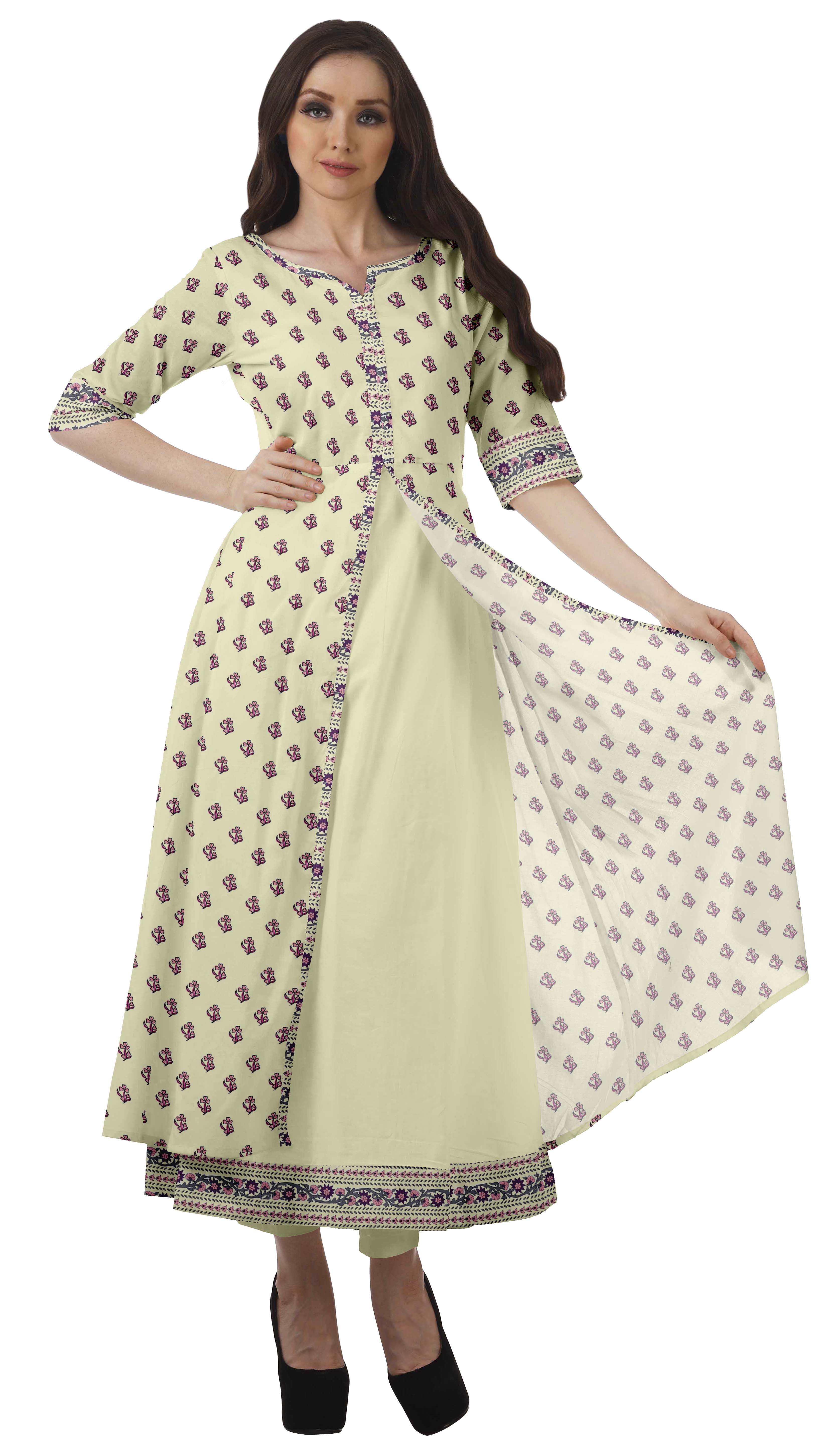 Moomaya Womens Cotton Printed Tunic Fron Slit Short Sleeves Long Kurta Kurti Set-XS
