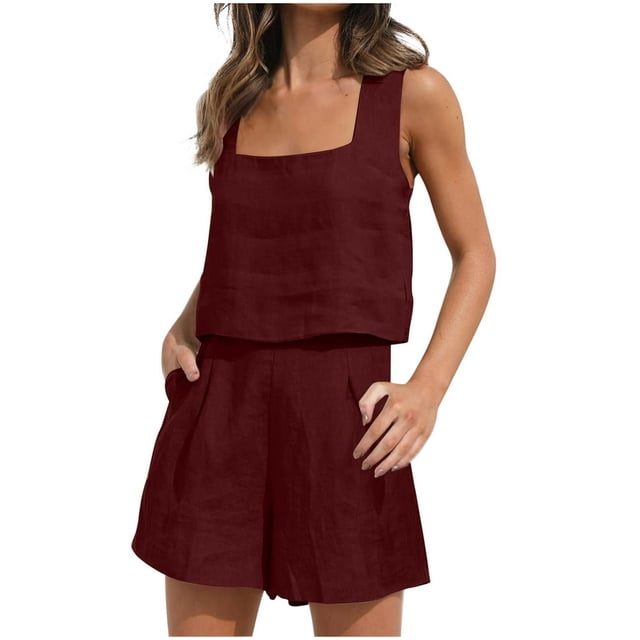 Womens 2 Piece Outfits Linen Square Neck Crop Tops Short Set 2023 Lounge Matching Sets Trendy Clothes Beach Summer