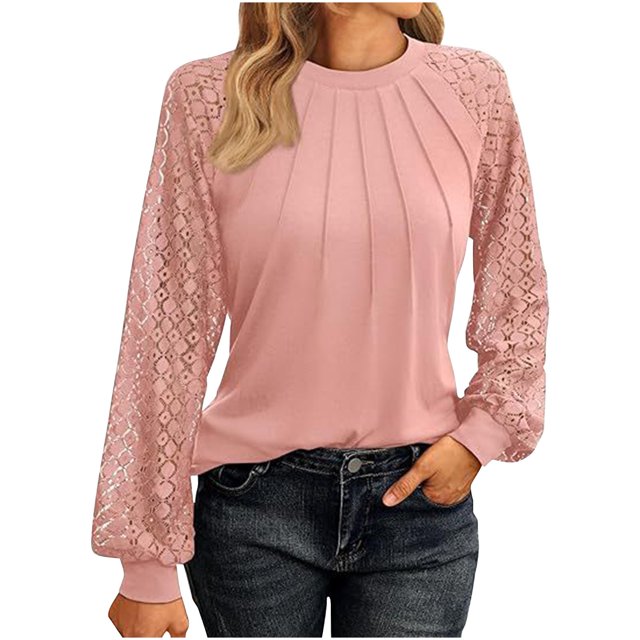 Timegard Hauts pour Femmes Dentelle Manches Longues Épaules Tombantes Blouse Froncée Automne Décontractée Col Rond T-Shirt Confortable Hauts