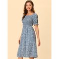 thumbnail image 2 of INSPIRE CHIC Robe pour Femme Smockée à Fleurs à Encolure Carrée Manches Courtes Bouffantes Printemps Été Robes Midi Bleu Poussiéreux L, 2 of 5
