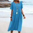 thumbnail image 2 of yoeyez Robes en Coton et Lin pour Femmes pour l'Été, Robes Unies à Col Rond pour Dames, Coupe Ample, Manches Courtes, Robe Midi Décontractée de Plage Évasée Bleu, 3TG, 2 of 7