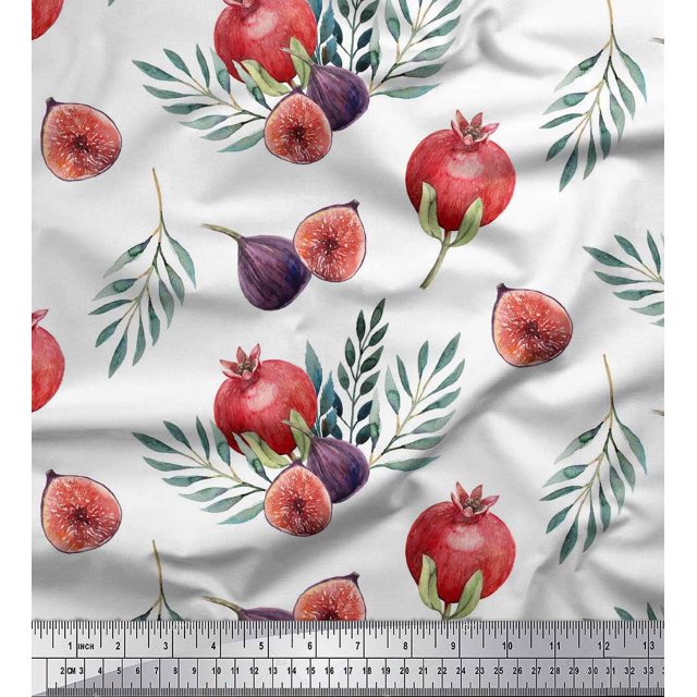 Soimoi White polyester Crepe Fabric Pomegranate & Fig Fruits Printed Fabric 1 Yard 42 Inch Wide