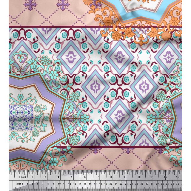 Soimoi Poly Georgette Fabric Check & Mandala Patchwork Print Fabric by the Yard 52 Inch Wide