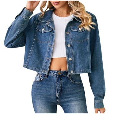 FAIWAD Women's Denim Jacket Long Sleeve Cropped Plus Size Vintage Button Down Loose Jeans Short Coat