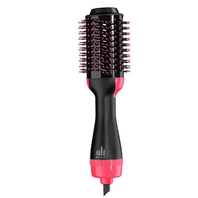 Gupgi 3-In-1 Hair Brush Dryer featuring a black and pink design with a cylindrical brush head and bristles. This hot air brush offers three heating gears for drying, straightening, and curling hair. The ergonomic handle includes a control dial for high, medium, and low heat settings. Ideal for reducing frizz, static, and tangles while adding shine and volume to hair.