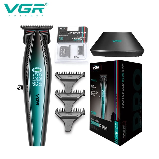 VGR Hair Trimmer Professional Trimmer Wireless Electric Hair Cutting Machine Rechargeable 9000 RPM Hair Trimmer for Men V-992. Features a sleek metal design with carbon blades, USB-Type C charging, and a rotary motor. Includes three adjustable nozzles for cutting lengths of 1mm, 2mm, and 3mm, suitable for beard, mustache, body, and head grooming. Comes with a charging dock, blade set, and packaging highlighting its high-speed performance and certifications.