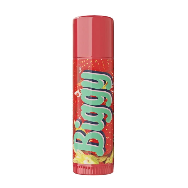 Biggy™ Lip Balm in a glossy red cylindrical tube featuring large green and white 'Biggy' text and strawberry graphics, providing a moisturizing lip balm with classic strawberry flavor, ideal for daily lip care and as a collectible item.