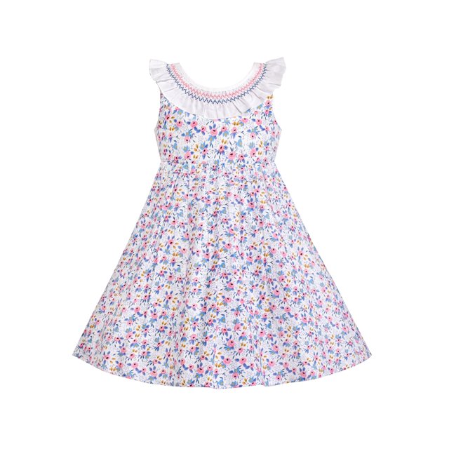 Girls Dress O-neck Backless Smocked Embroidery Ruffle Vintage Sleeveless 8 Years
