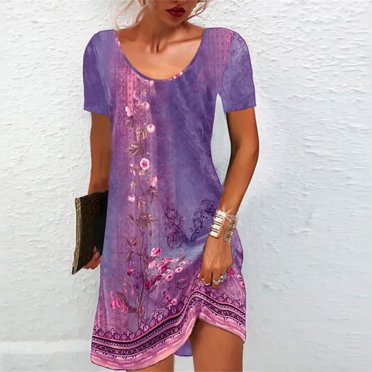 LOVZFMLL Robe Chandail Imprimée à Col Rond et Manches Courtes pour Femme Violet 5TG