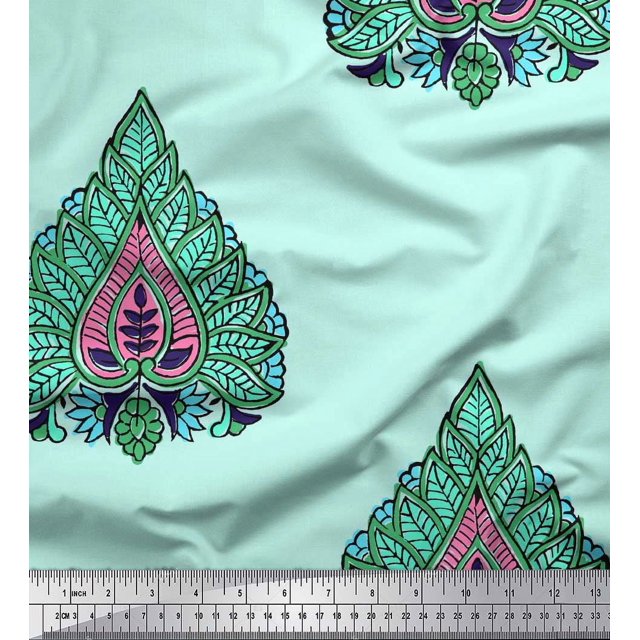 Soimoi Polyester Crepe Fabric Leaves & Floral Block Printed Craft Fabric by The Yard 42 Inch Wide