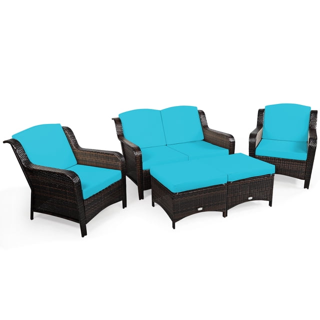 Patiojoy 5 PCS Patio Rattan Sectional Sofa Set Outdoor Furniture Conversation Set Cushioned Loveseat Sofa Ottoman Turquoise