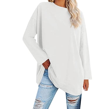 Breezora Relaxed Fit Plus Size Long Sleeve Crew Neck T Shirt For Women Soft Everyday Top Loose Casual Comfort Wear For Layering And Lounging M Size White
