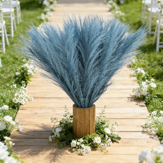 YoGold 10‑Piece Natural Pampas Grass – 16.9 Inch Faux Feather Reed Bouquet, Boho Home Decor for Vase (Blue)