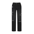 thumbnail image 4 of Bigersell Straight Jeans Women High Waisted Ripped Jeans with Destroyed Hole Straight Leg Jeans Full Length Denim Pants Trousers Button Closure BlackS, 4 of 8