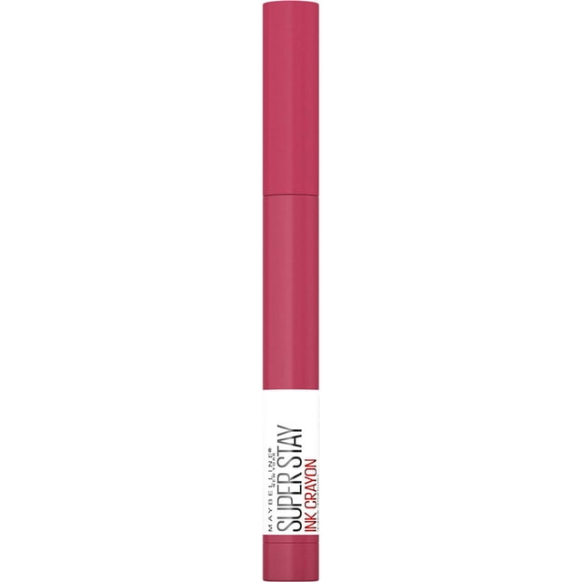 Super Rouge à Lèvres Stay®Ink en magenta Atténué avec design Cylindrique Mince, Embout et base à Fini Mat, section Centrale Blanche avec Marque Maybelline, Offrant une Couleur de Lèvres Mate Longue Tenue jusqu'à 8 Heures et un Aiguiseur Intégré pour une application Précise.