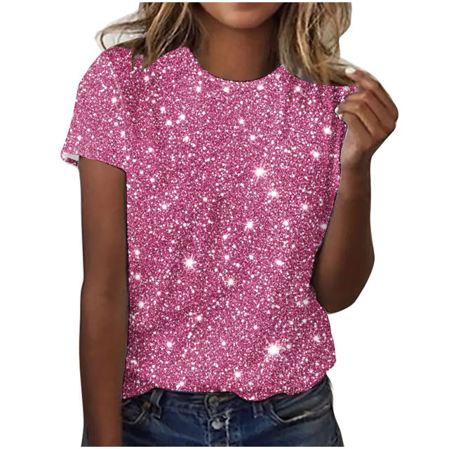 Plebaso T-Shirts de Mode pour Femmes à Imprimé Scintillant, Manches Courtes, T-Shirts Graphiques, Hauts Décontractés à Col Rond